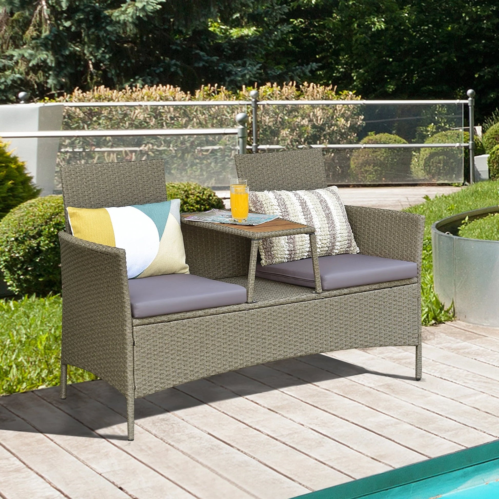 Gymax 4PCS Patio Acacia Wood Conversation Set Outdoor Rattan Furniture Set