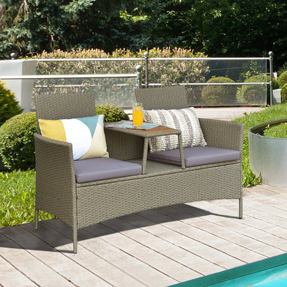 Gymax 4PCS Patio Acacia Wood Conversation Set Outdoor Rattan Furniture Set