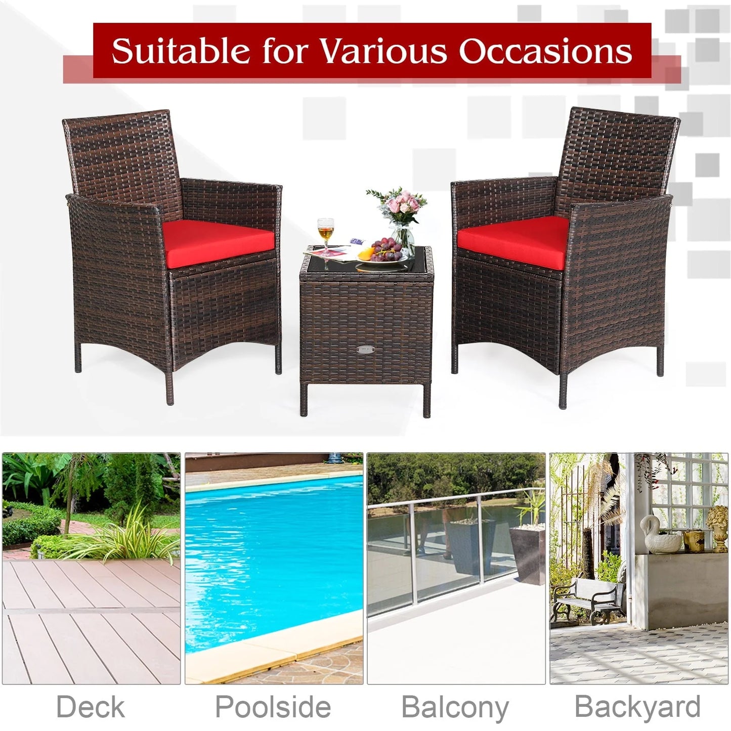 Patiojoy 3 Pieces Patio Rattan Conversation Furniture Wicker Chairs with Coffee Table & Cushions Red