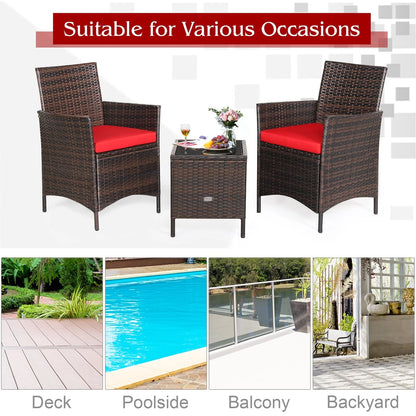 Patiojoy 3 Pieces Patio Rattan Conversation Furniture Wicker Chairs with Coffee Table & Cushions Red