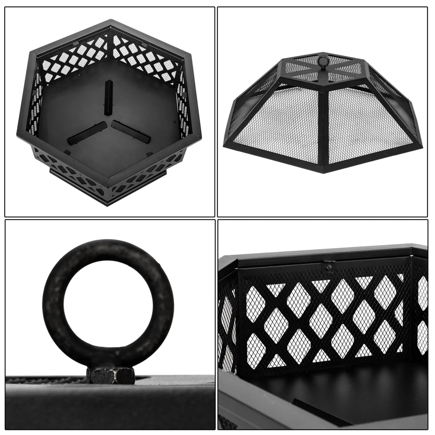 Outdoor Wood Burning Fire Pit, 24" Hexagon Metal Fire Pit for Patio with Poker, Spark Screen, Hex Shaped Fire Pit BBQ Grill, Garden Firepit Stove for Camping Picnic Bonfire Backyard, JA2419
