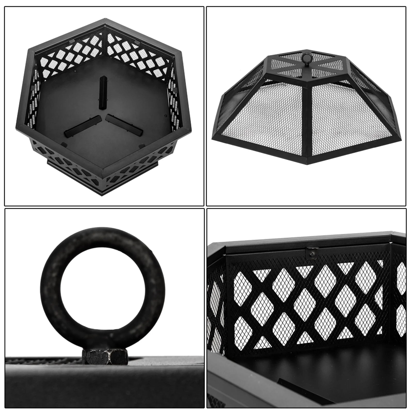 Outdoor Wood Burning Fire Pit, 24" Hexagon Metal Fire Pit for Patio with Poker, Spark Screen, Hex Shaped Fire Pit BBQ Grill, Garden Firepit Stove for Camping Picnic Bonfire Backyard, JA2419