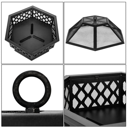Outdoor Wood Burning Fire Pit, 24" Hexagon Metal Fire Pit for Patio with Poker, Spark Screen, Hex Shaped Fire Pit BBQ Grill, Garden Firepit Stove for Camping Picnic Bonfire Backyard, JA2419