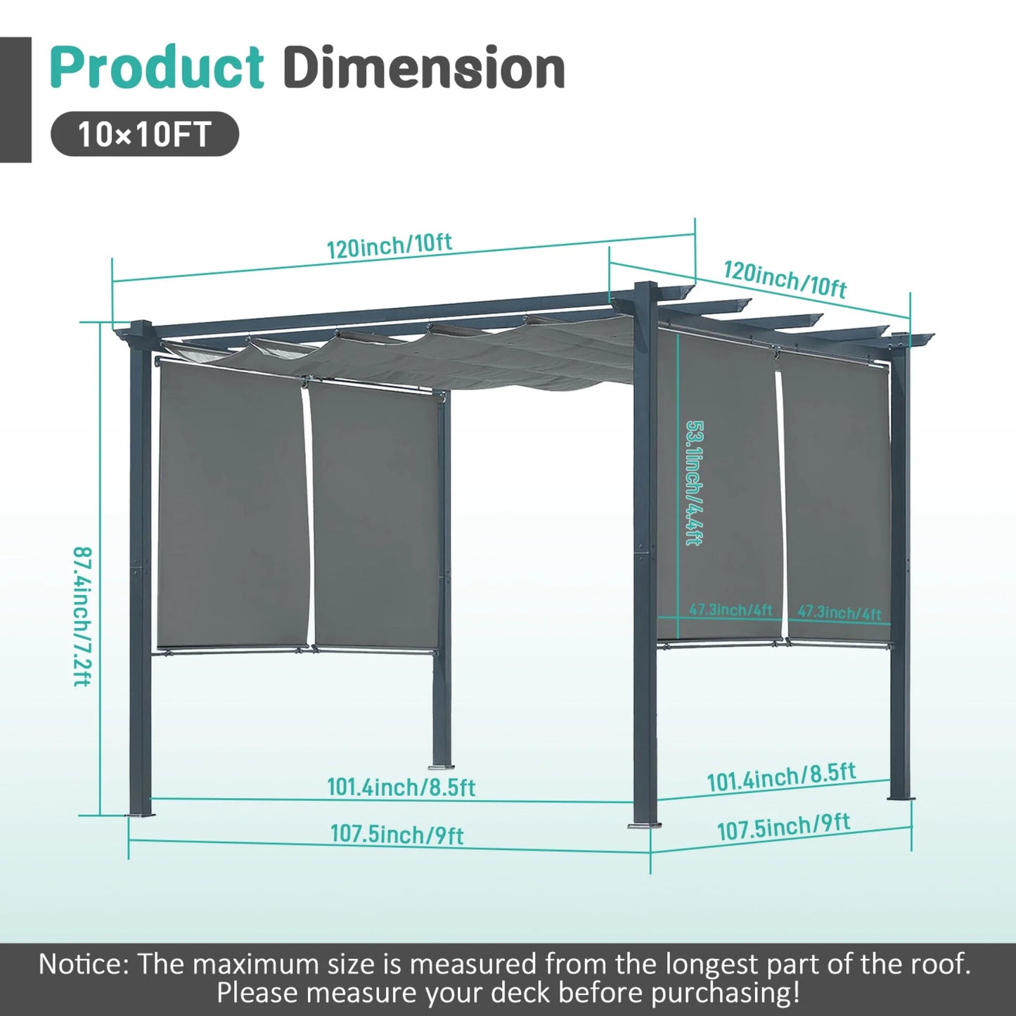 BPS 10'x10' Outdoor Retractable Pergola with Sun Shade Canopy & Curtains, Patio Aluminum Pergola Gazebos for Backyard Deck Garden, Dark Gray
