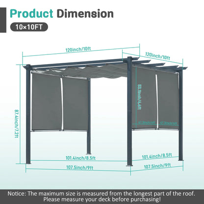 BPS 10'x10' Outdoor Retractable Pergola with Sun Shade Canopy & Curtains, Patio Aluminum Pergola Gazebos for Backyard Deck Garden, Dark Gray