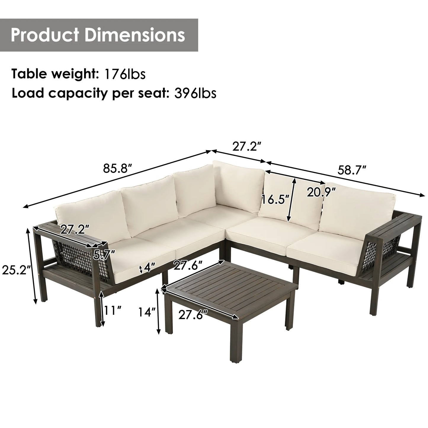 Harper & Bright Designs Patio L-Shaped Conversation Sectional Sofa Set with Coffee Table, Outdoor Acacia Wood Seating Group with Side Table for Backyard Garden, Beige, Grayish Brown