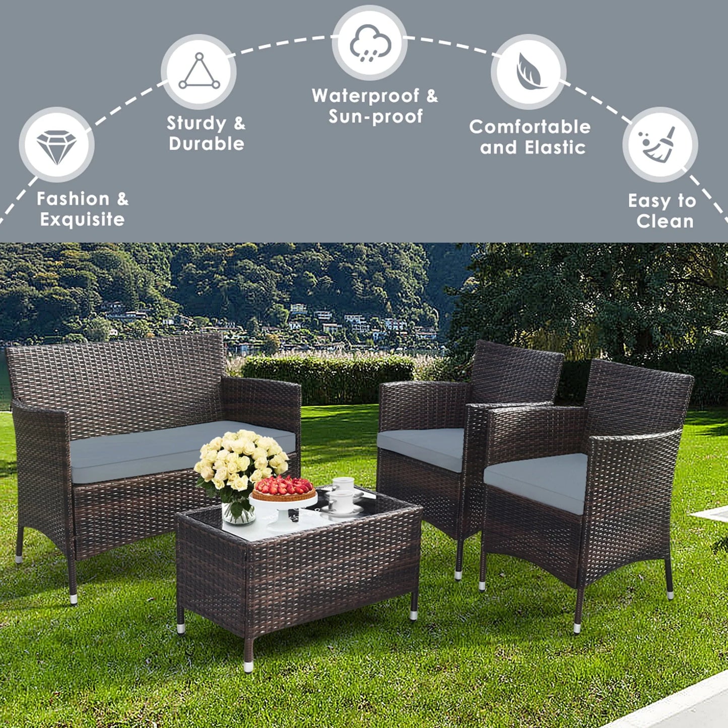 Gymax 4PCS Patio Rattan Conversation Furniture Set Outdoor w/Gray Cushion