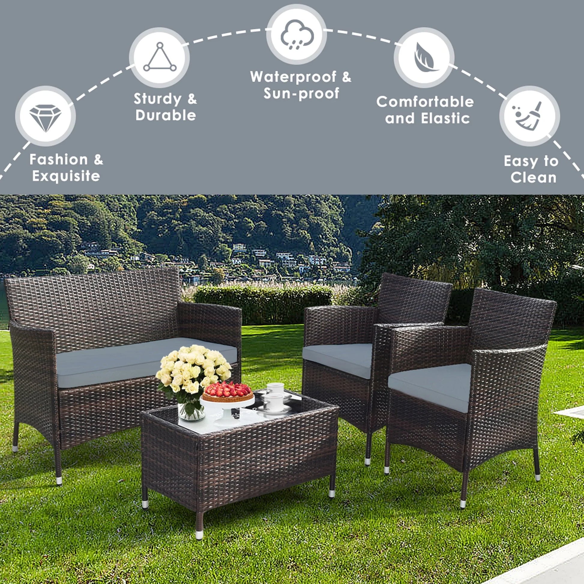 Gymax 4PCS Patio Rattan Conversation Furniture Set Outdoor w/Gray Cushion