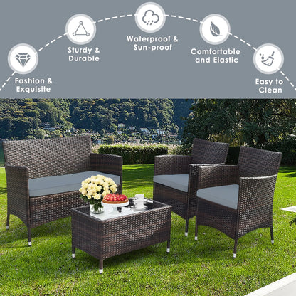 Gymax 4PCS Patio Rattan Conversation Furniture Set Outdoor w/Gray Cushion