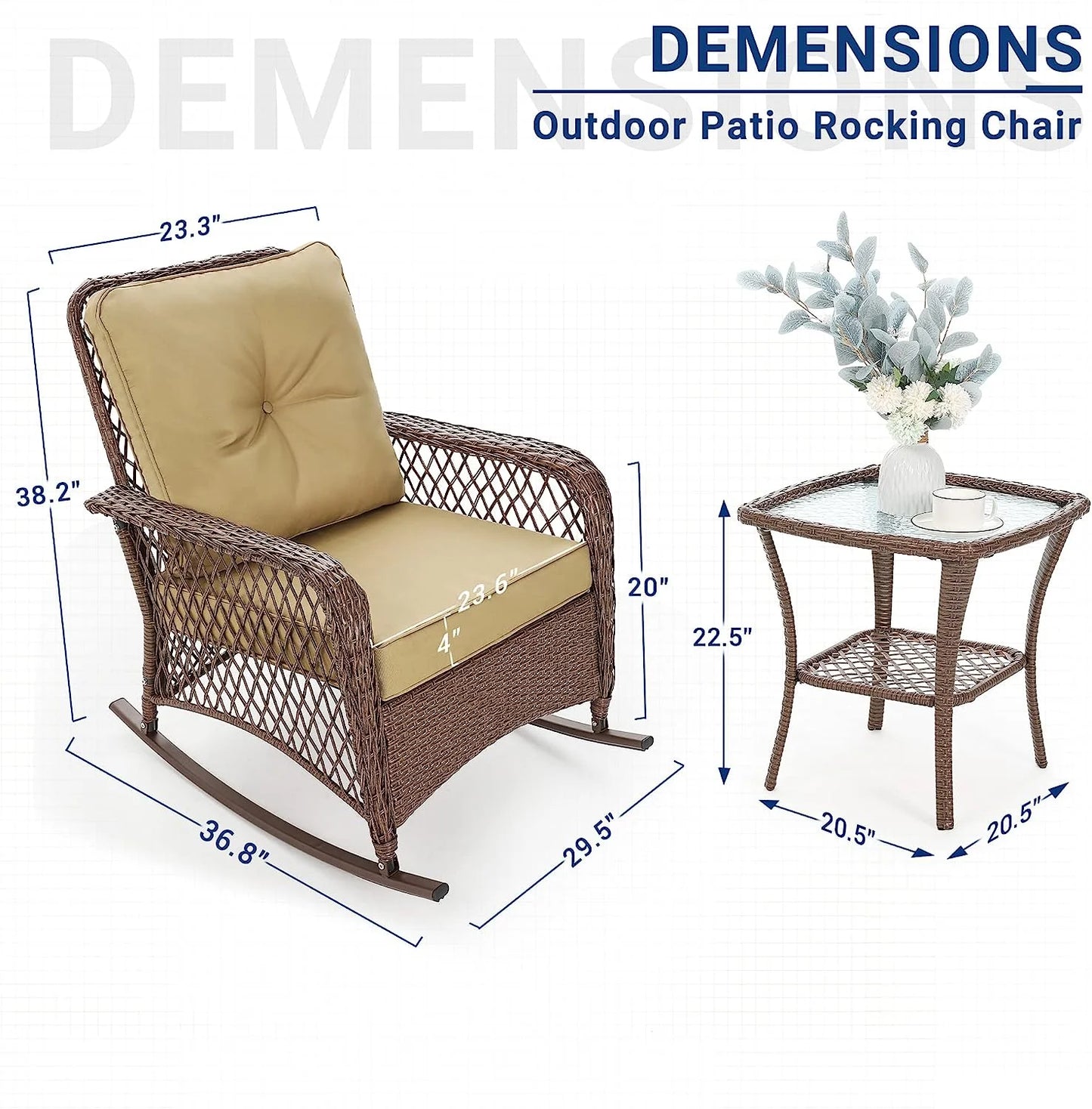 Techmilly 3-Piece Outdoor Rocking Chairs, Wicker Patio Furniture with Thickened Cushions and Table for Porch (Khaki)