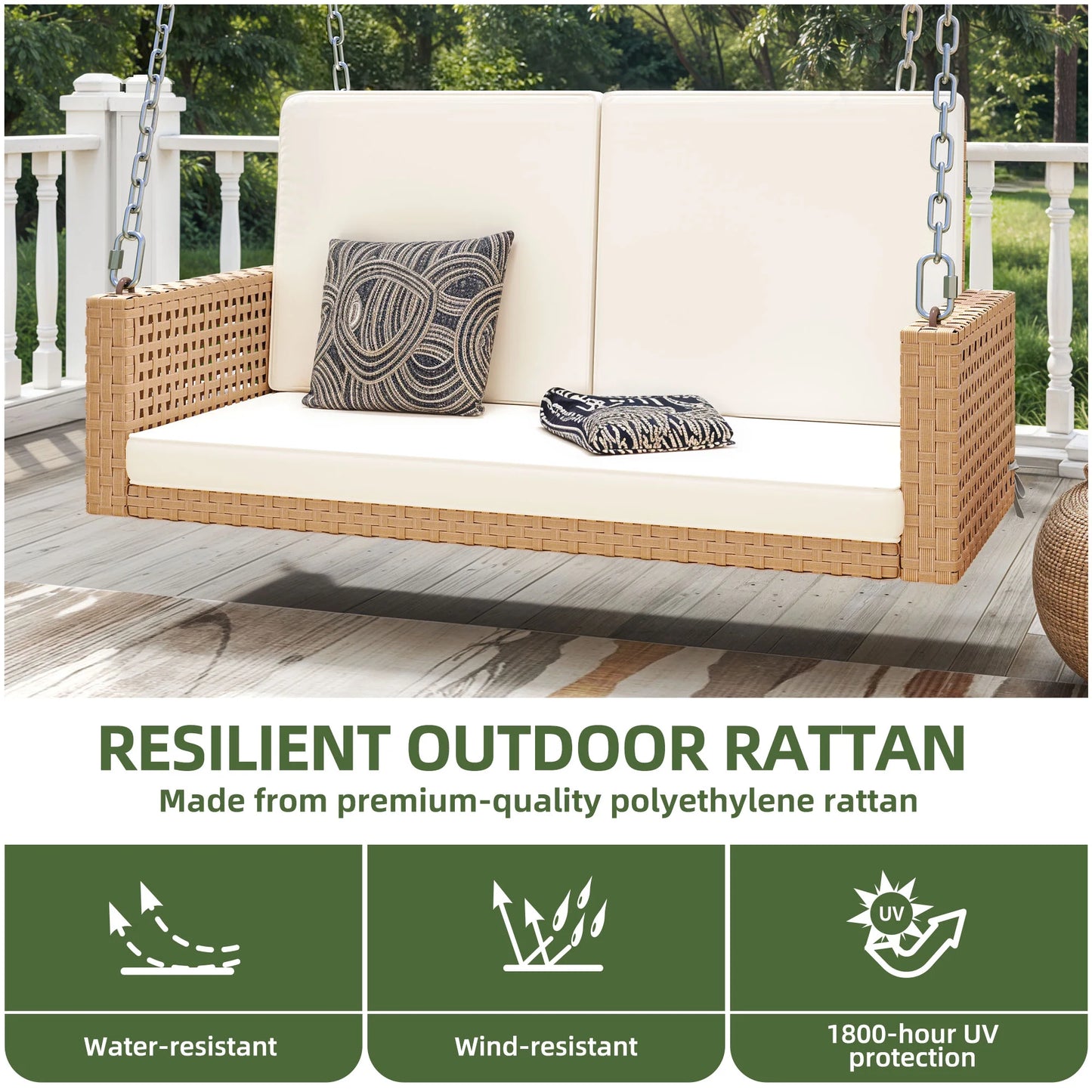 Uforic 2-Person Patio Rattan Hanging Porch Swing Bench Chair Cushion - Beige