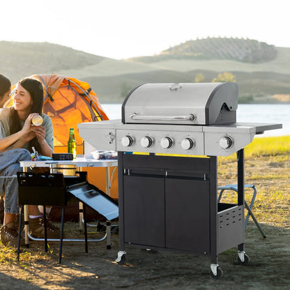 Propane Gas BBQ Grill with Side Burner 42,000 BTU Output Stainless Steel 4-Burners for Outdoor Cooking Kitchen Patio Backyard Barbecue, Silver