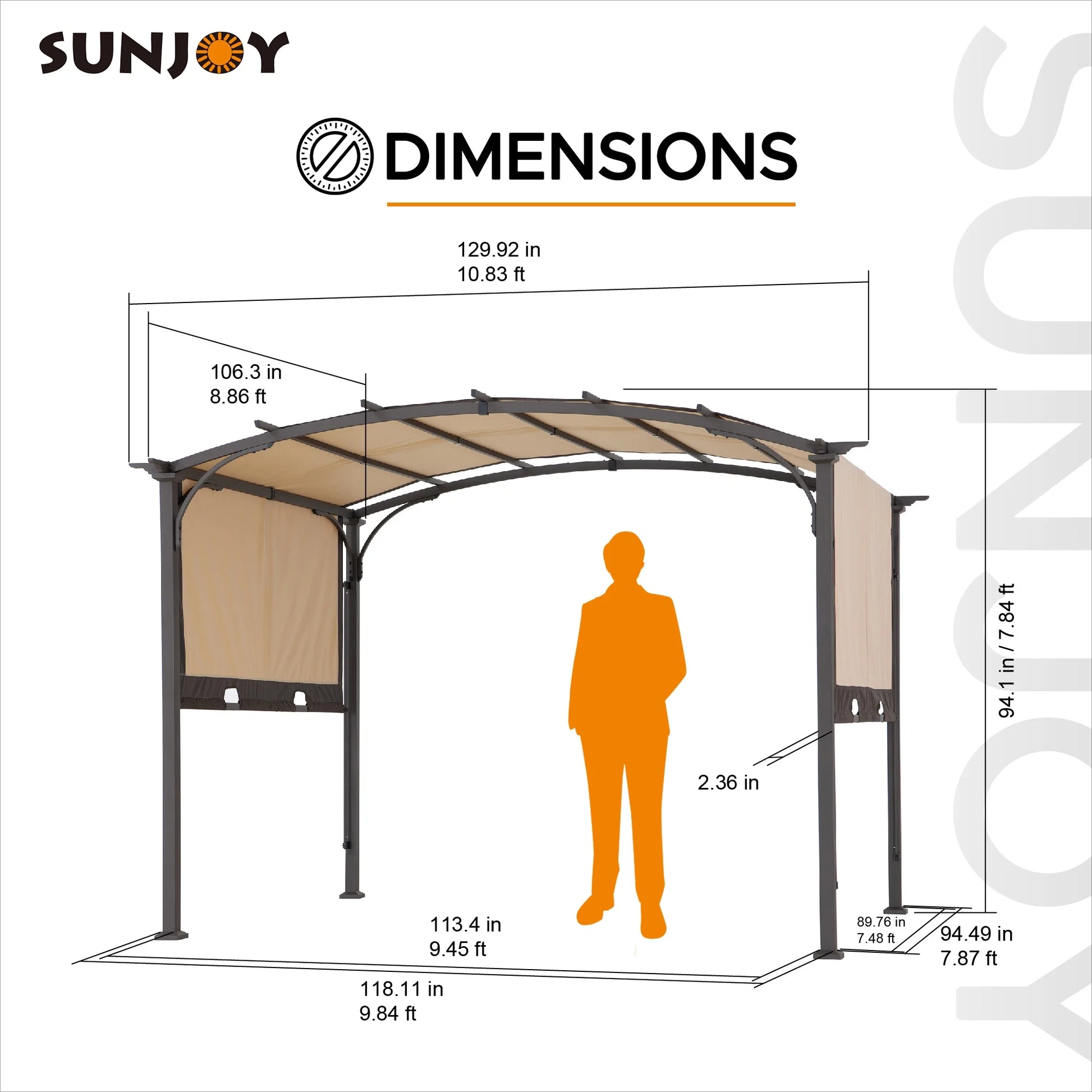 Sunjoy Lindt 9.5 x 11 ft. Outdoor Steel Arched Pergola with Adjustable Canopy for Patio, Backyard, and Garden, Tan & Brown