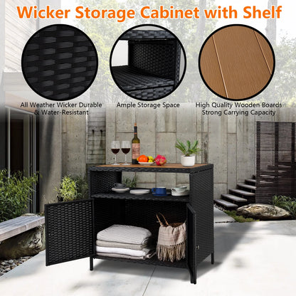 Faitaliicy Outdoor Wicker Rattan Storage Cabinet With Shelf Powder Coated Steel Patio Storage Box Bar Table With 2-Door Outdoor Freestanding Storage Unit For Patio Pool Garden Indoor Kitchen