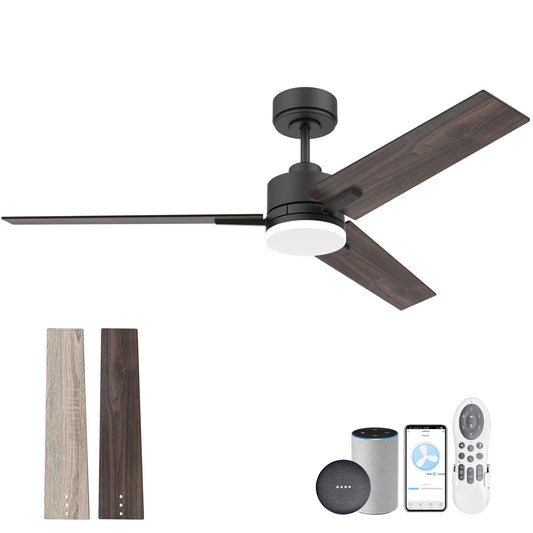 52 Inch Black and Walnut Brown Smart Ceiling Fan with LED Lights Remote,for Bedroom Patio Porch