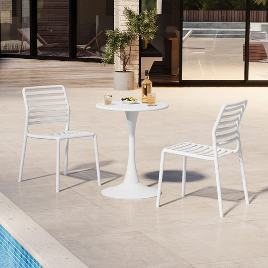 WestinTrends Playa 3-Piece Outdoor Metal Round Dining Table Set With Stackable Resin Patio Dining Chairs, White