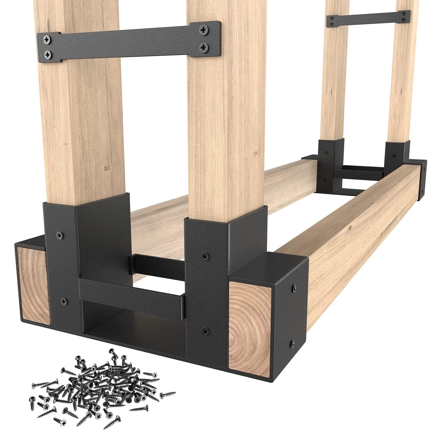 Mr IRONSTONE Adjustable Firewood Log Storage Rack Bracket Kit - Convenient Wood Rack Length Adjustment - Outdoor Indoor Patio Deck Metal Log Holder with 34 Accessories