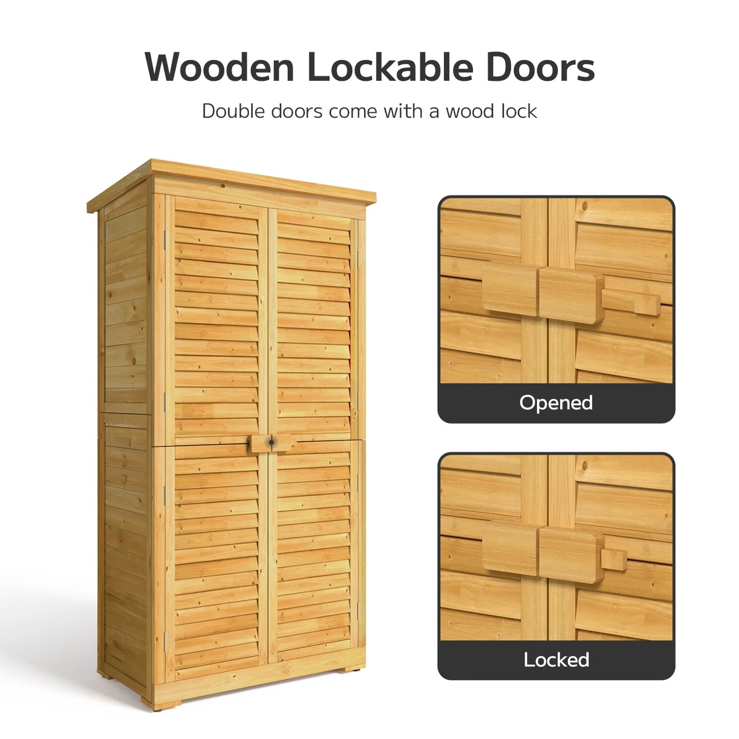 Asofer Outdoor Storage Cabinet, Garden Tool Shed with Removable Shelves & Asphalt Roof for Lawn, Patio, Natural