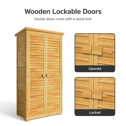 Asofer Outdoor Storage Cabinet, Garden Tool Shed with Removable Shelves & Asphalt Roof for Lawn, Patio, Natural