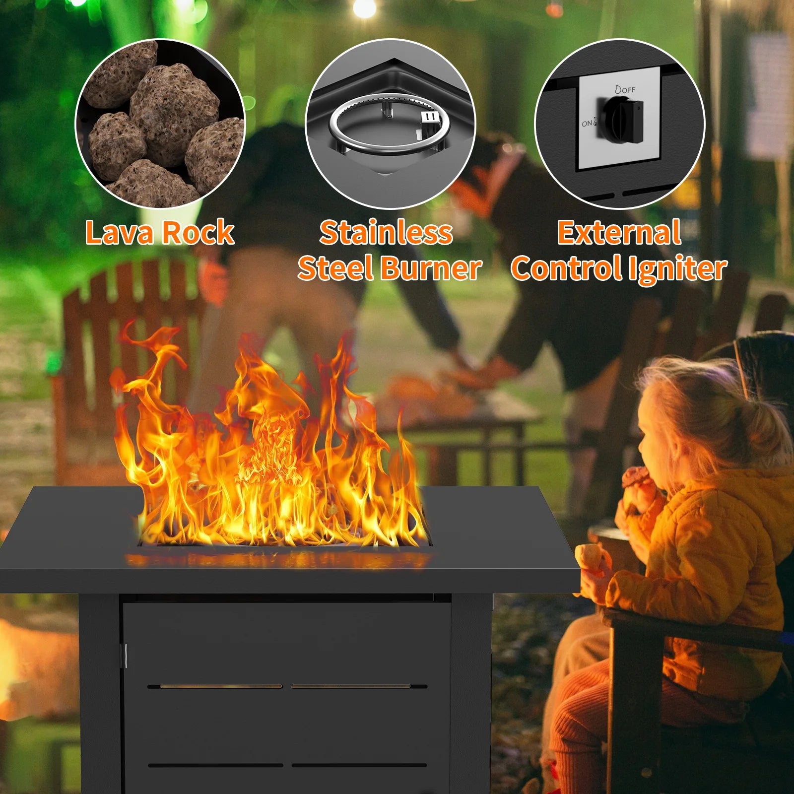 DOMQGA 28" Propane Fire Pit Table, 2-in-1 Square 50,000 BTU Propane Gas Fire Pit Table with Lid and Lava Rock,for Outside Patio Yard Party Garden and Lawn