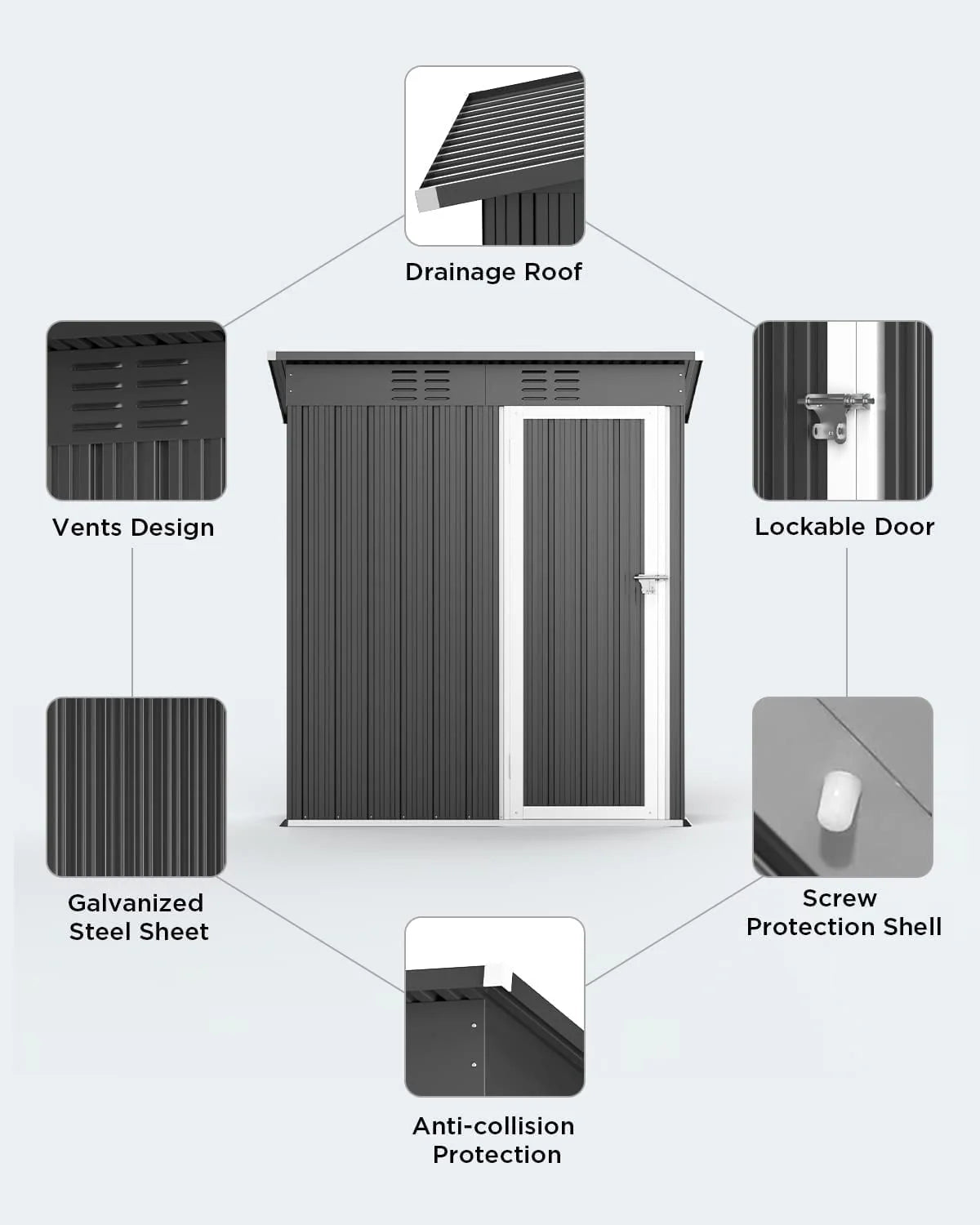 Aiho 5'x 3' Metal Outdoor Storage Shed for Patio Lawn Garden - Gray