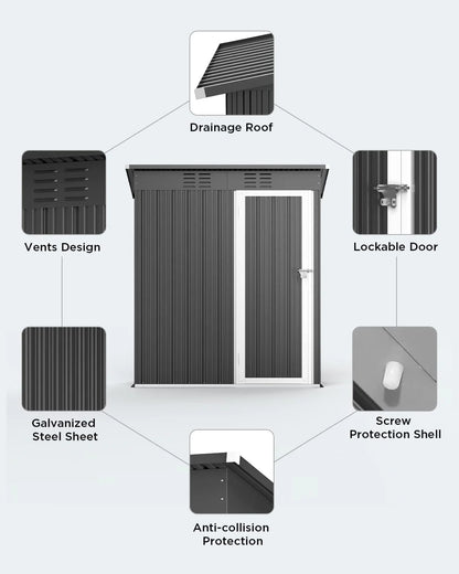 Aiho 5'x 3' Metal Outdoor Storage Shed for Patio Lawn Garden - Gray