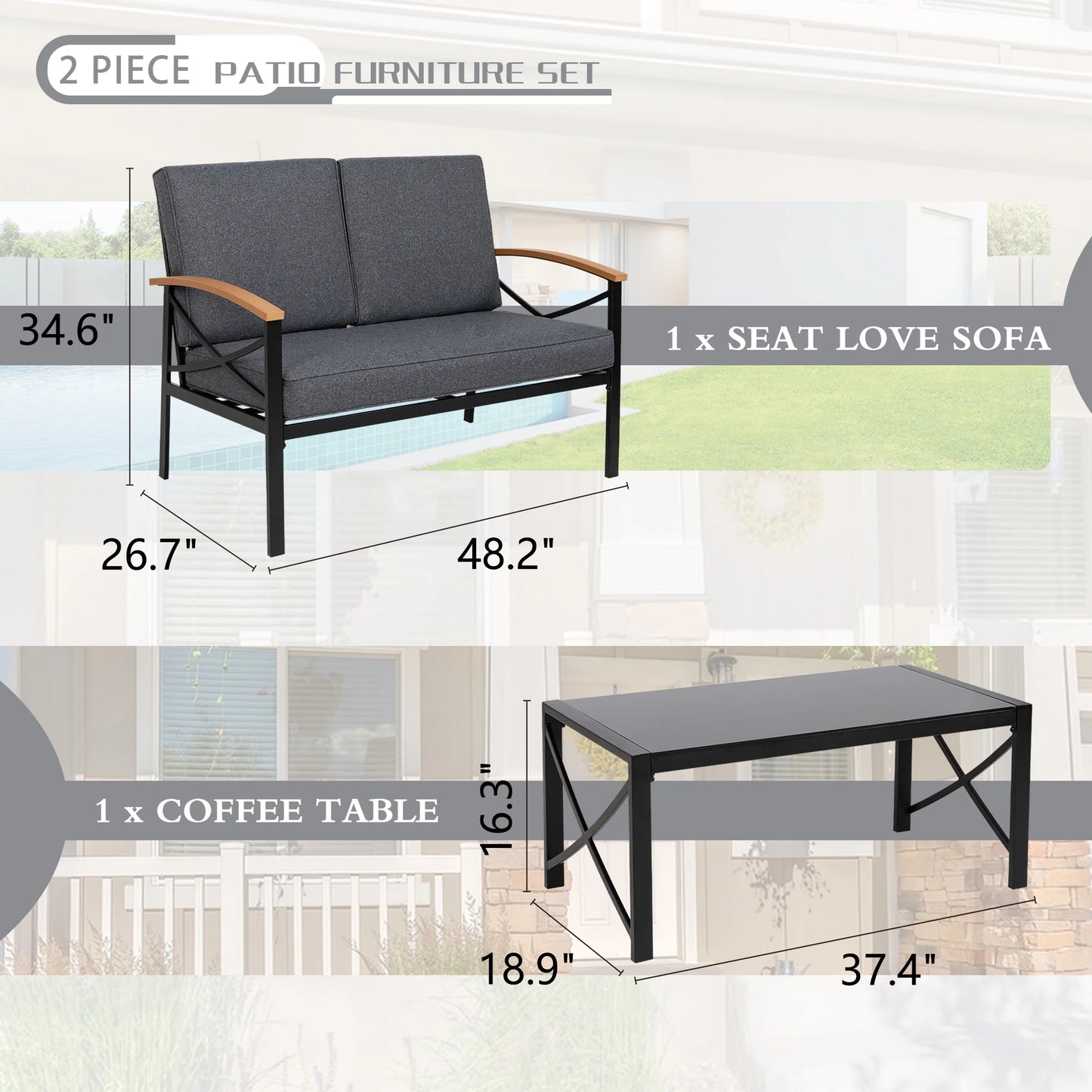 Walsunny Metal Outdoor Patio Furniture Sectional Set 2 Piece, Modern Outdoor Metal Loveseat Sofa Conversation Furniture Set
