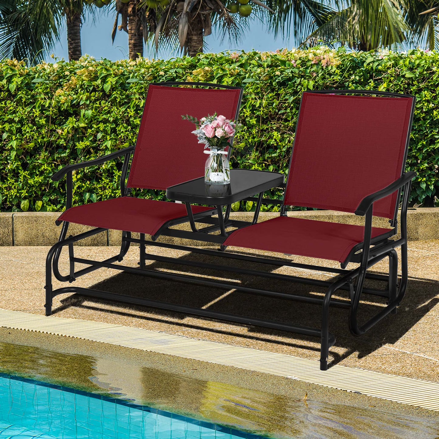 Costway 2 Person Outdoor Patio Double Glider Chair Loveseat Rocking Brown