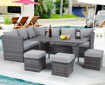 AECOJOY 7 Piece Patio Conversation Set, Outdoor Sectional Sofa Rattan Wicker Dining Furniture, Gray