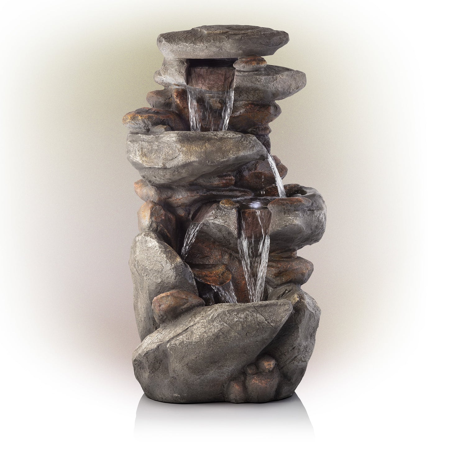 Alpine Corporation WIN1184 40" Outdoor Floor 3-Tiered Rock Waterfall Fountain with LED Lights, Natural Stone Look - Cascading Water Feature for Gardens, Patios, Yards, and Outdoor Dcor, Gray