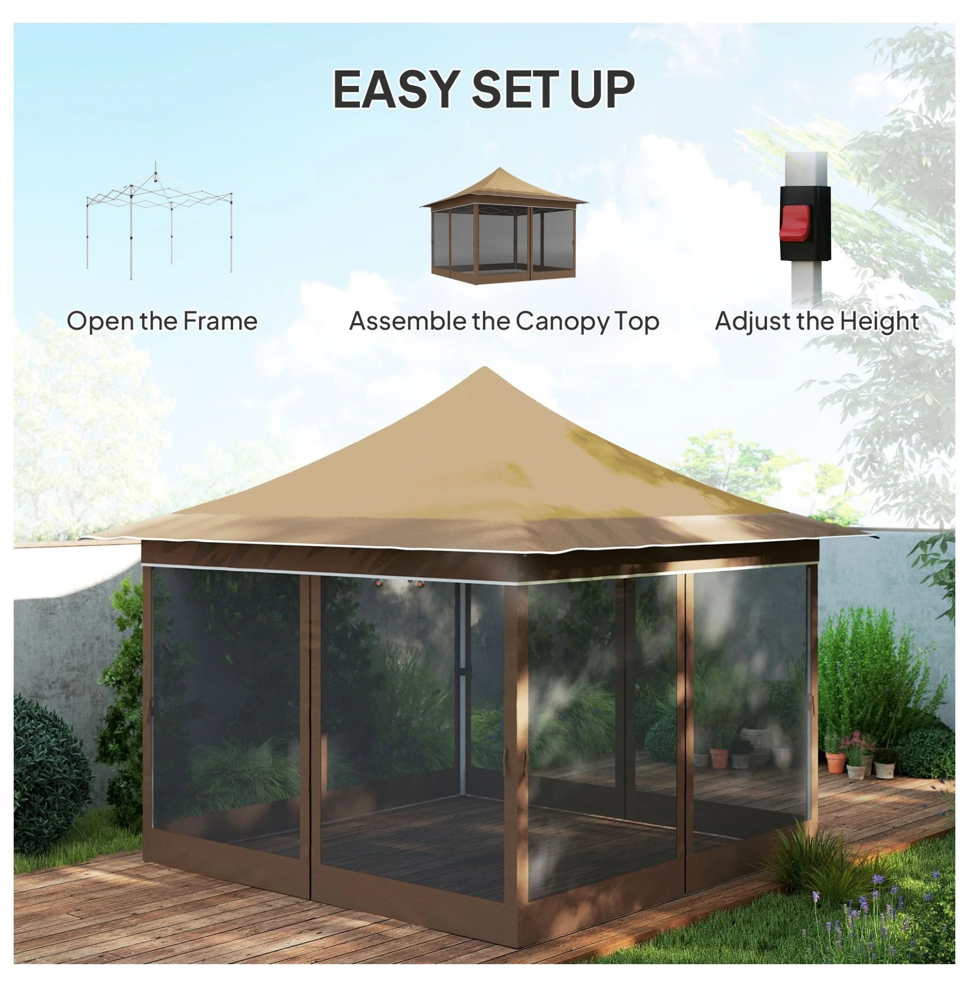 12x12 Canopy Tent with Mesh Netting, UPF 50+ Pop Up Gazebo, Beige - Patio Sun Shelter for Garden, Parties, Outdoor Events