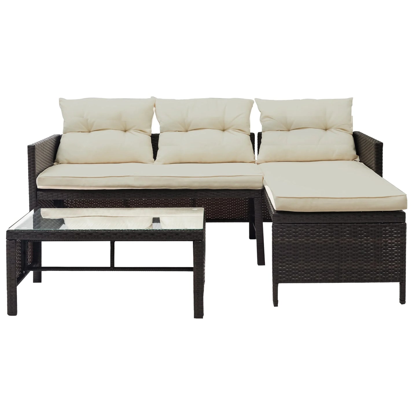 3 Pieces Patio Furniture Sectional Set, Outdoor Furniture Set with Two-Seater Sofa, Lounge Sofa, Table & Cushion, PE Rattan Wicker Bistro Set, Conversation Set for Garden, Backyard