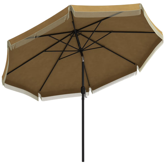 DUOSONG Outsunny 9Ft Patio Umbrella With Push Button Tilt And Crank, Ruffled Outdoor Market Table Umbrella With Tassles And 8 Ribs, For Garden, Deck, Pool, Tan Tan Polyester Garden & Outdoor Canopies