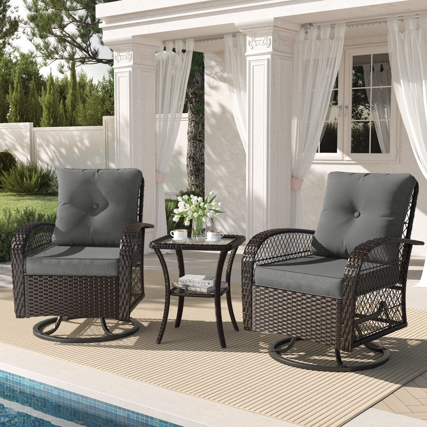 Techmilly 3 Pieces Patio Furniture Set, Outdoor Swivel Gliders Rocker, Wicker Patio Bistro Set with Rattan Rocking Chair for Porch Deck Backya (Navy Blue)