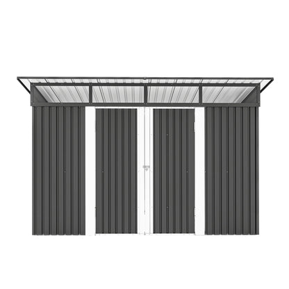 ModFusion 9x4 ft Outdoor Metal Storage Shed with Lockable Double Doors, Acrylic Glass Windows, Steel Roof, Garden Patio Bikes, Skylight, Dark Gray