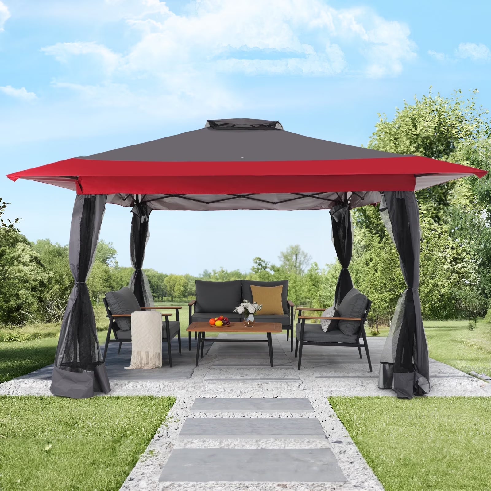 JOIVI 13'x13?Patio Gazebo, Outdoor Pop up Gazebo, Canopy Gazebo Tent Shelter with Mosquito Netting, Beige & Brown