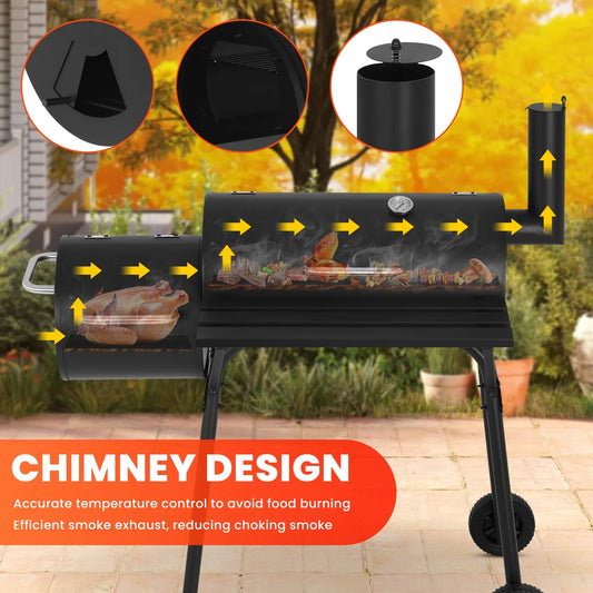 BIQWBIC 43? Charcoal Grill with Offset Smoker - Heavy Duty BBQ Grill for Backyard, Camping & Patio, Portable Charcoal Grills with Temperature Gauge & Wheels, Fits 6-10 People