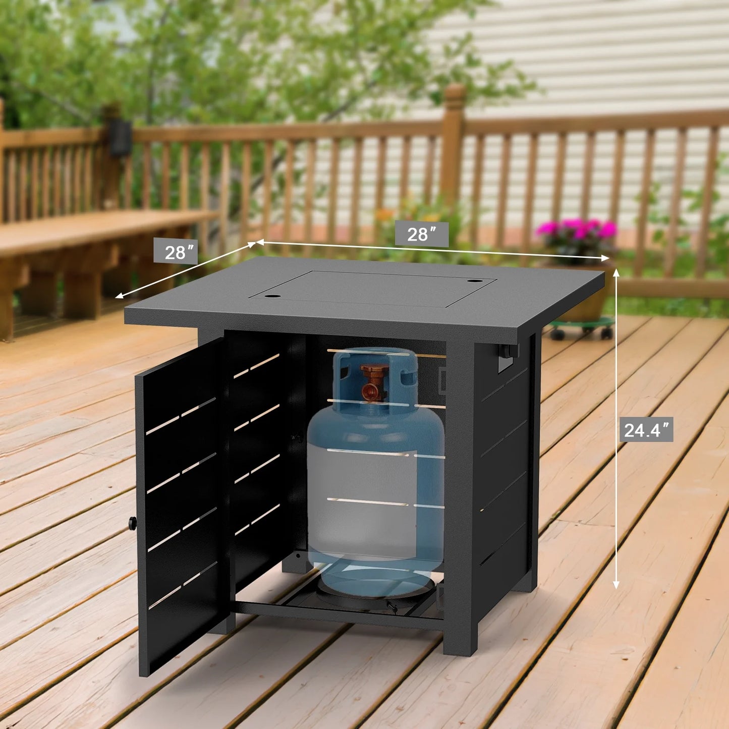 AMONSEE Propane Fire Pit for Outside, 28" GAS Firepit Table with Lid and Lava Rock for Patio Garden Party