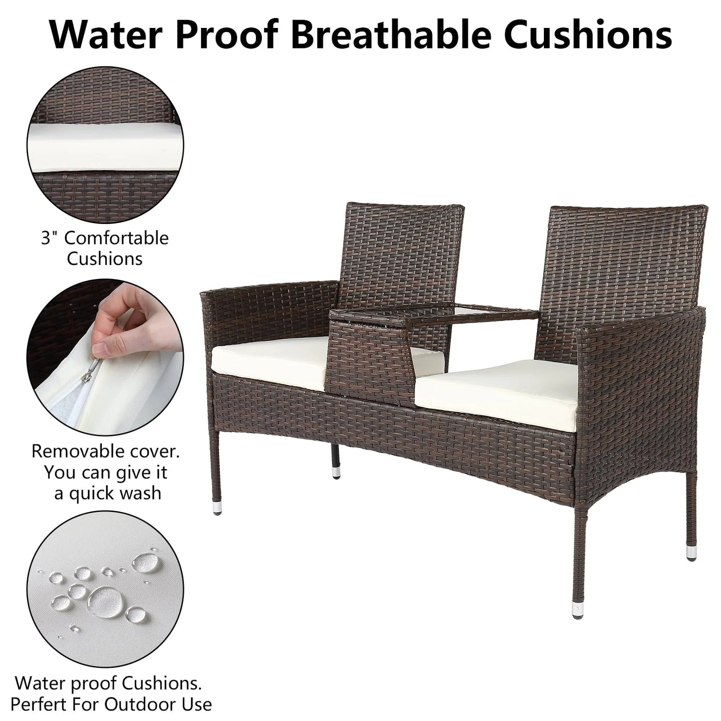 UBesGoo Patio Rattan Loveseat Table Chairs Chat Set with Waterproof Cushion, Outdoor Furniture, Wicker Conversation Set