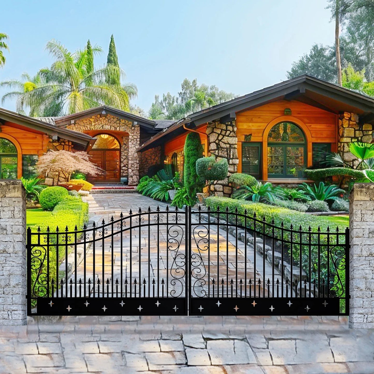 Outdoor Dual Swing Wrought Iron Gate for Driveway, Security Gate, Outdoor Fence Gate, Vienna Style for Yard, Backyard Patio 20'Star