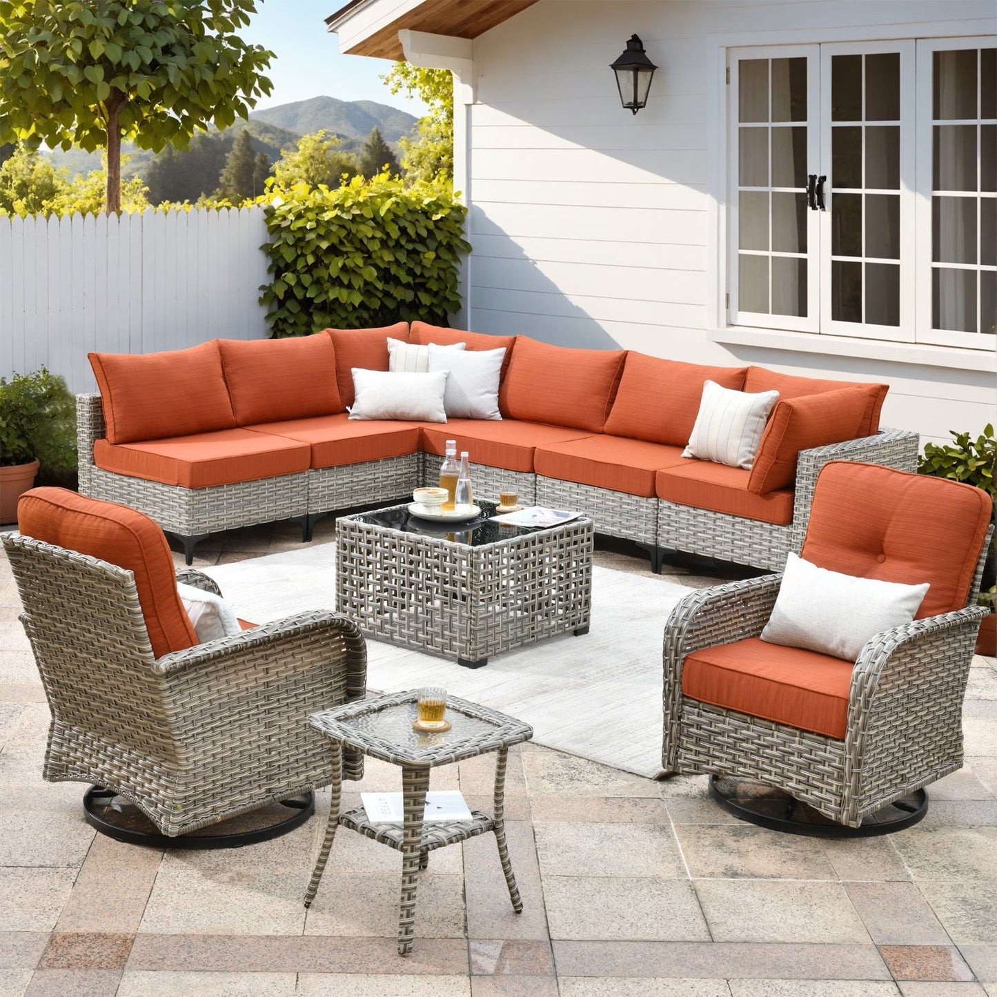 Vcatnet Outdoor Patio Furniture Sets 10 Pieces Sectional Sofa Wicker Conversation Set with Swivel Glider Chairs and Solar Powered Coffee Table for Porch,Backyard,Gray
