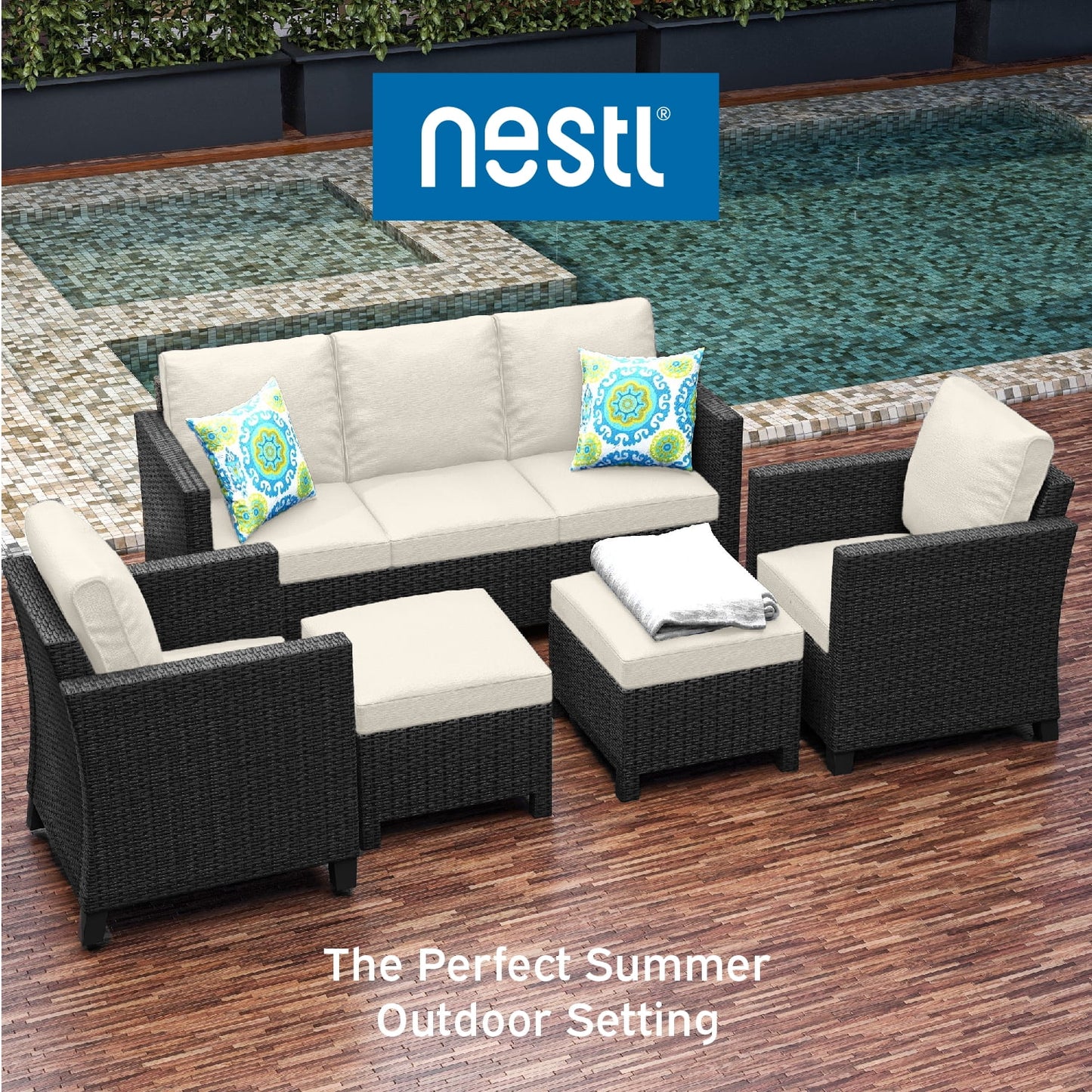 Hearth & Harbor 5-Piece Outdoor Patio Furniture Set, Wicker Patio Conversation Set, Sectional Sofa, Black/Off White