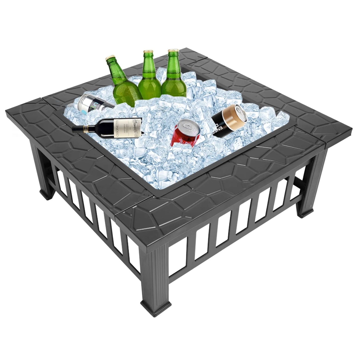 Wood Burning Fire Pits for Outside, 32" Square Iron Fire Pit Backyard Patio Garden Stove Wood Burning Fire Pit w/Mesh Screen Lid, Wood Grate, Poker, Durable Fire Pit, Q5946