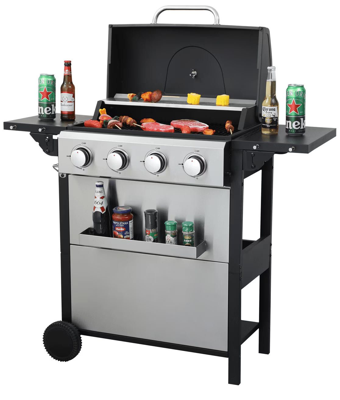 HighSound 3 Burner BBQ Propane Gas Grill, Stainless Steel 25650 BTU Patio Garden Barbecue Grill with Wire Enamel Cooking Grids & Foldable Shelves, Black