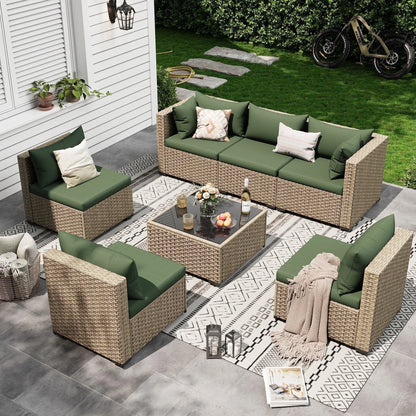 POTEBAN 7 Pieces Outdoor Patio Furniture Set, Grey Rattan Wicker Outdoor Conversation Sectional Sofa Set with Cushions for Backyard, Green