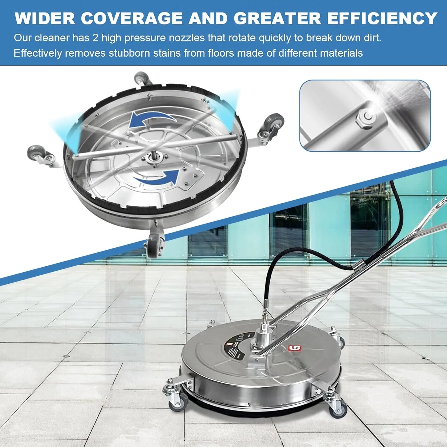 Garvee 24" Pressure Washer Surface Cleaner with Dual Handles - Stainless Steel, 4-Wheel Design for Driveways, Sidewalks, Curbs, Decks, & Patios - 4900 PSI, High-Efficiency Cleaning Accessory
