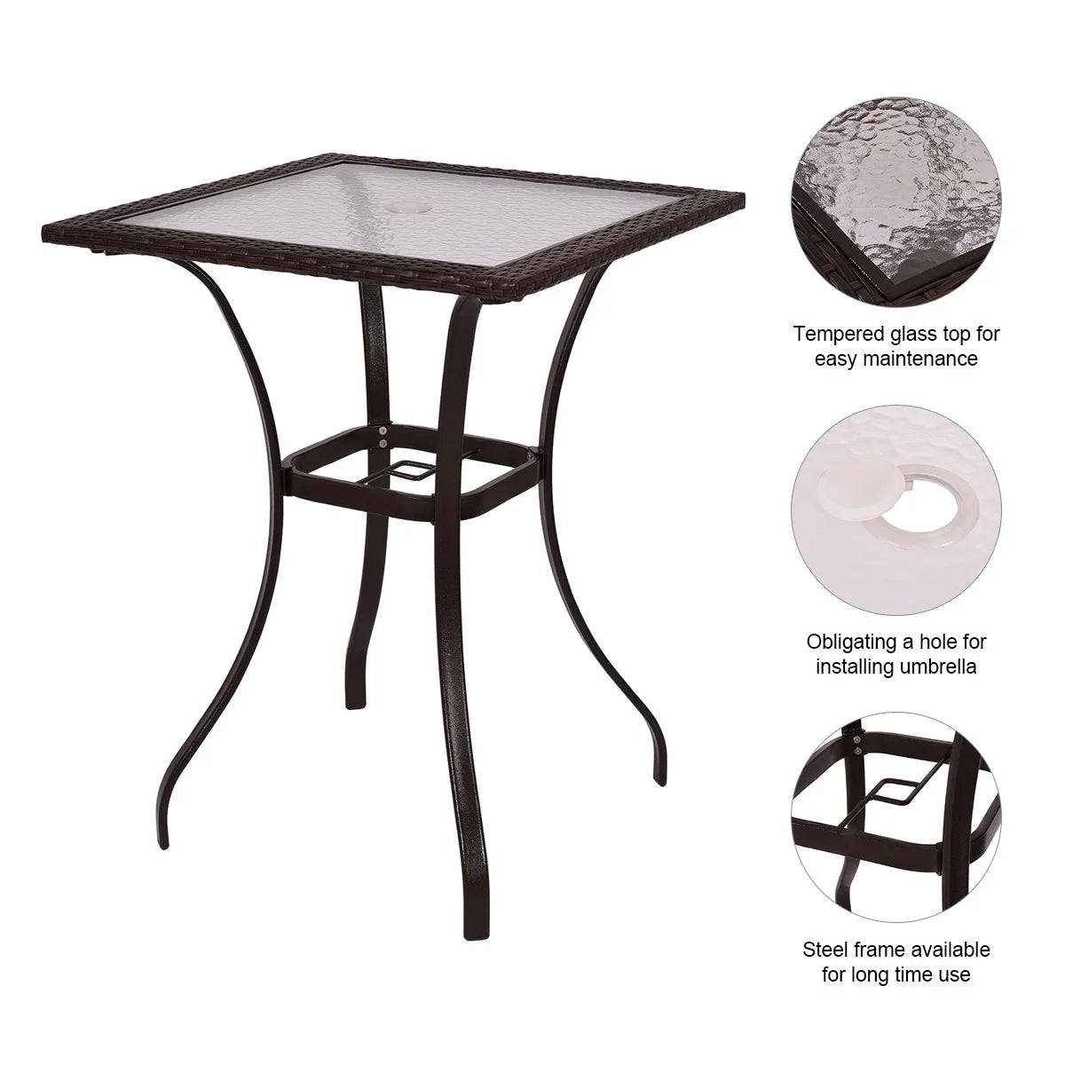 Patiojoy Patio 28.5" Square Bar Table with Umbrella Hole and Glass Top, Black