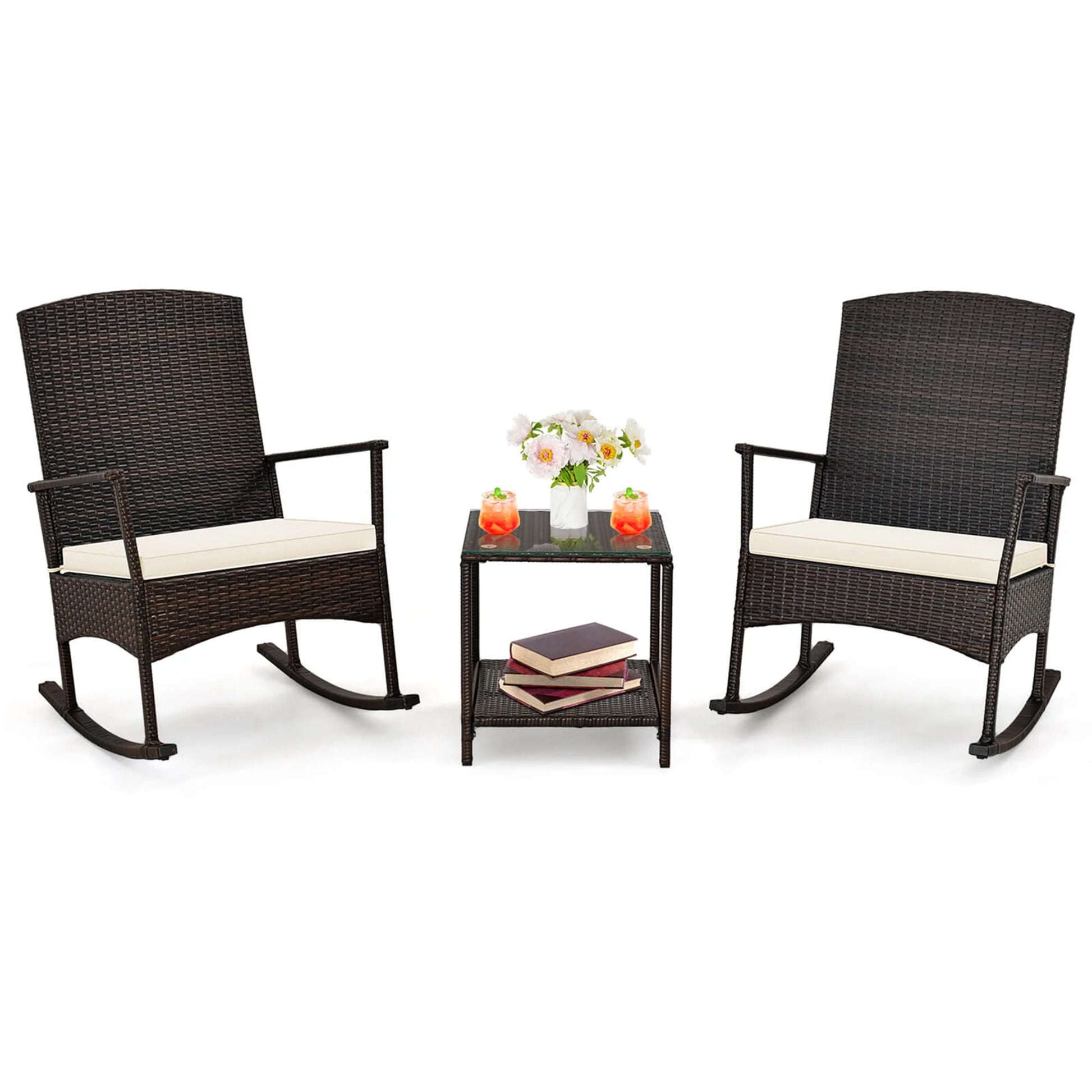 Costway Serenity 3 Piece Patio Rocking Wicker Rockers with White Cushions 2 Tier Coffee Table