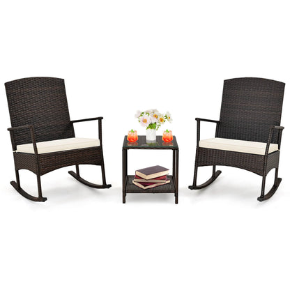 Costway Serenity 3 Piece Patio Rocking Wicker Rockers with White Cushions 2 Tier Coffee Table