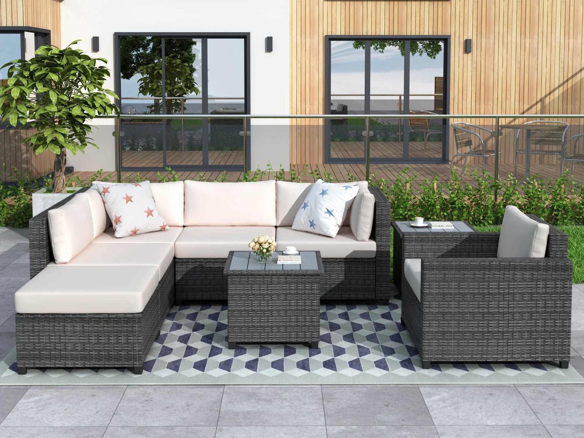 EUROCO 8PCS Patio Sofa Set Outdoor Furniture Sectional All-Weather Wicker Rattan Sofa Beige
